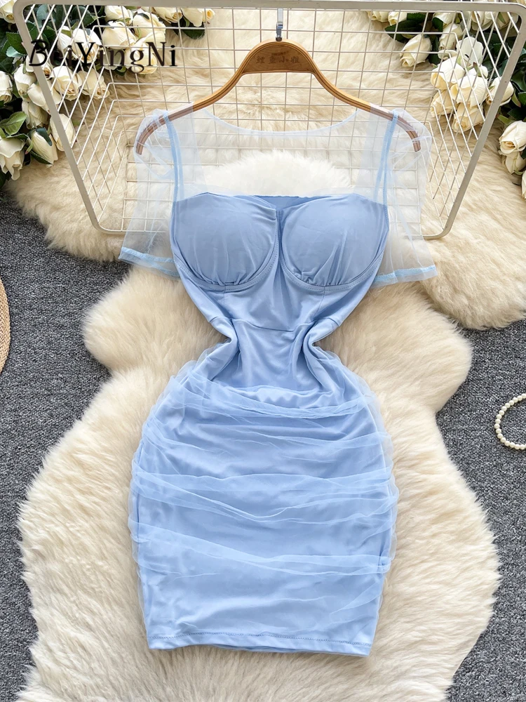 Beiyingni Mesh Patchwork Women Bodycon Mini Dresses Sexy Club French Slim Fit Pink Short Dress Female Ruched Pack Hip Vestidos