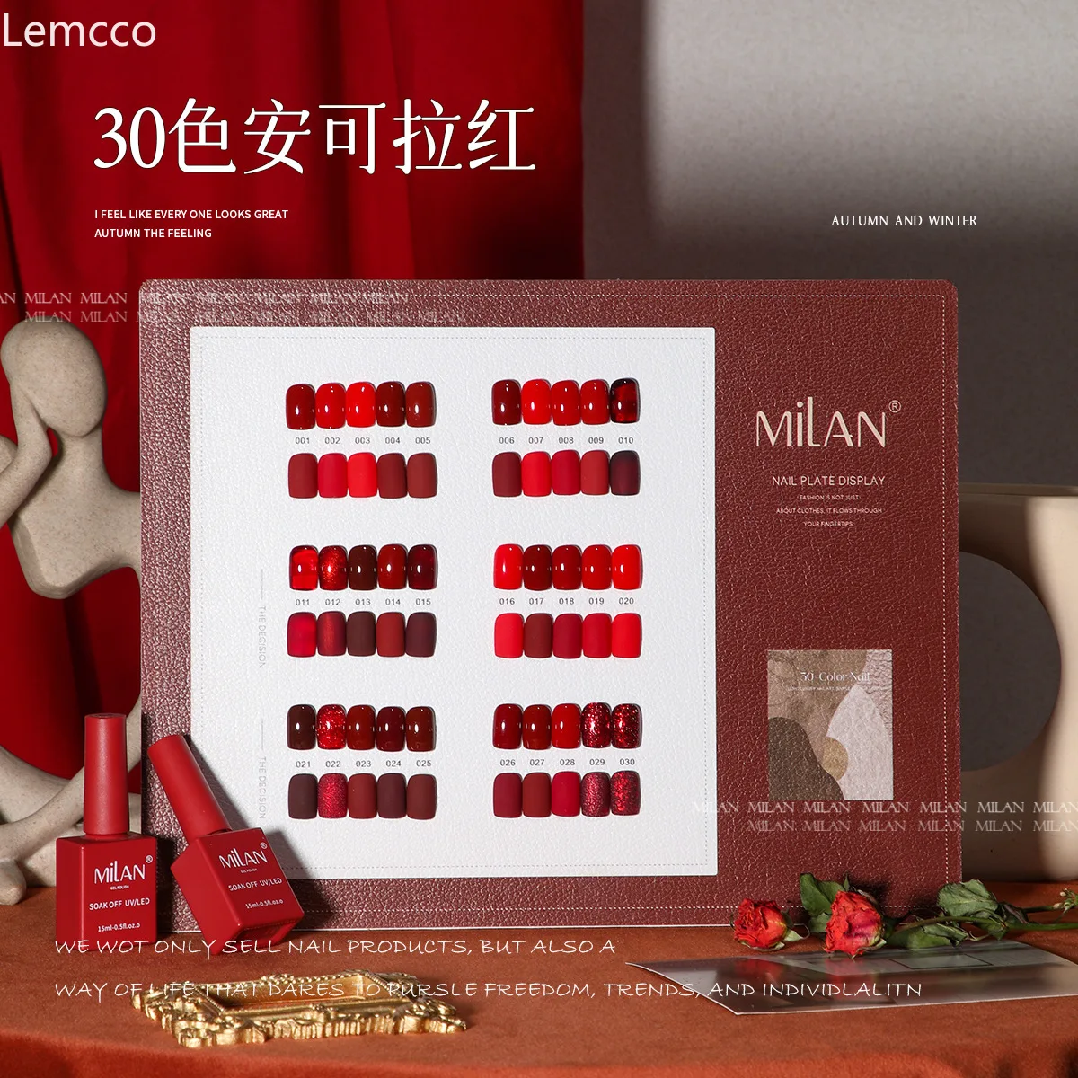 Milan Herbst Winter Halloween Rot 30-teiliges Gel-Nagellack-Set mit Karte für Nagelkunst Neujahr rotes Gel SemiPermanent UV-Gel 15 ml
