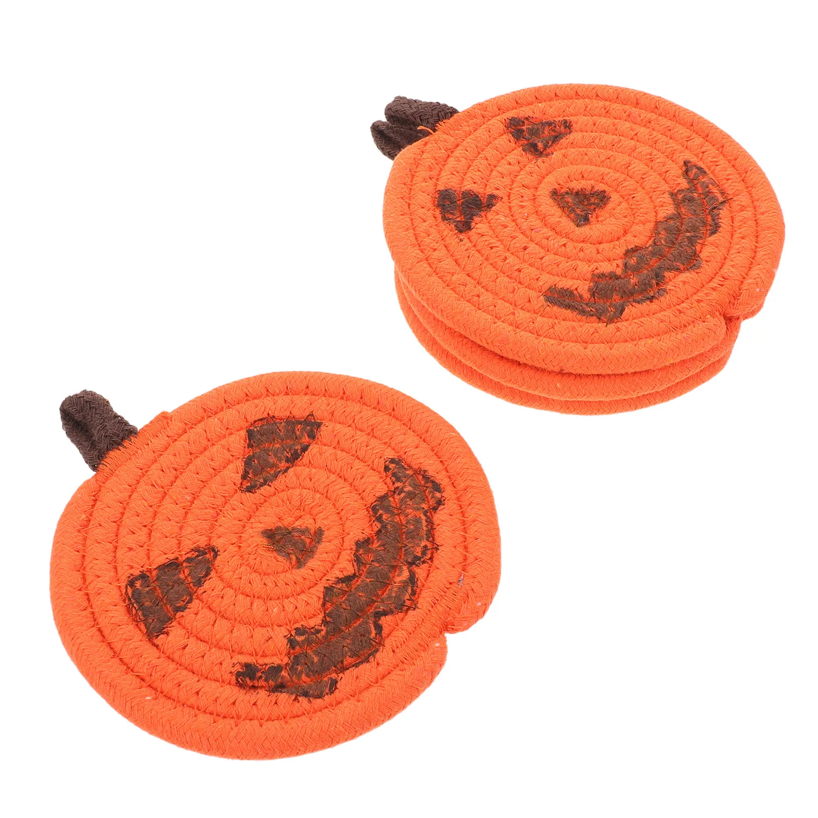 4Pcs Festive Pumpkin Coasters Handmade Woven Cotton Heat Resistant Beverage Mats Rustic Halloween Home Decor Fall Table