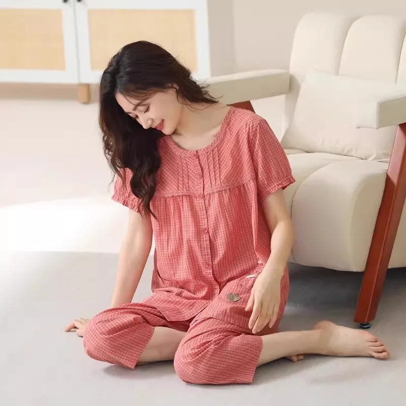 Victoria 2026 Spring Cotton Gauze Sleepwear Short Sleeve Thin Seven-Piece Pants Cardigan Home Clothes Set for Ladies