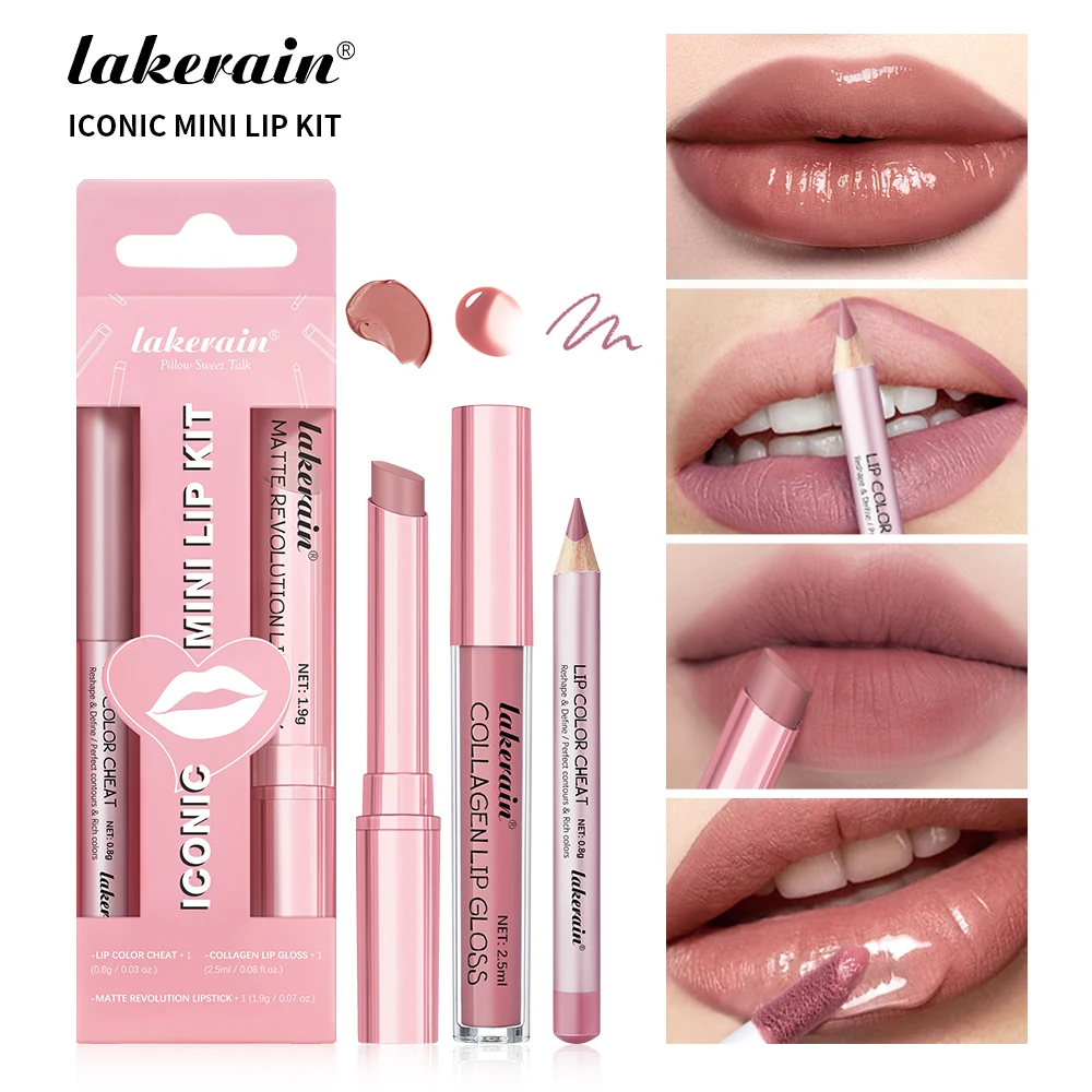 Lakerain 3 pezzi mini rossetto opaco + lucidalabbra + set di matite per labbra set di rossetti per labbra tridimensionali con contorno preciso