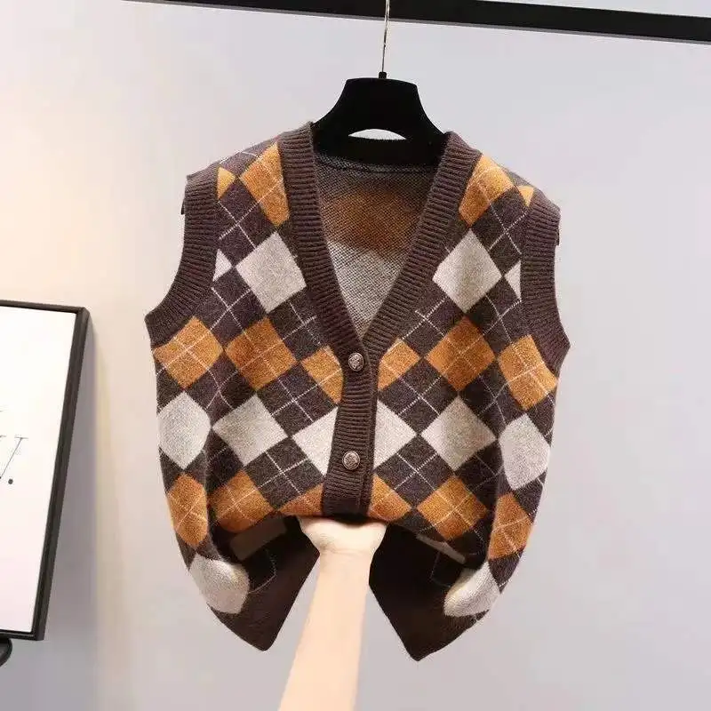 Damska modna Vintage Classic Argyle Y2K jednorzędowy sweter sweter kamizelka damska V Neck bez rękawów luźna kamizelka z dzianiny