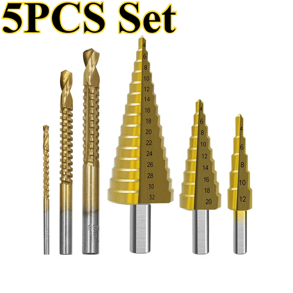 

6Pcs Titanium Coated Pagoda Drill Sawtooth Drill Woodworking Hole Expansion Groove Plastic Box Set Wood Drilling