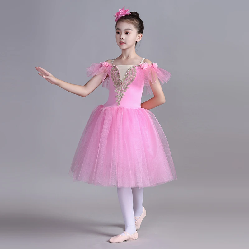 バレエドレス、ロングスタイルシフォンパフォーマンス衣装、子供用パフスカート、リトルスワンストラップレスダンスパフォーマンス衣装