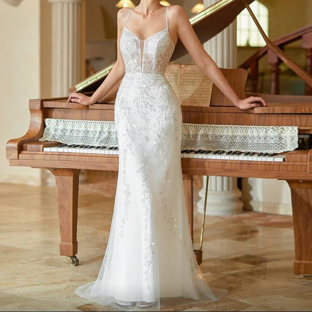

Customized Mermaid Evening Dresses Floor-length Spaghetti Strap Sleeveless Prom Gown Fashion Sequined Flowers Draped Party Gown