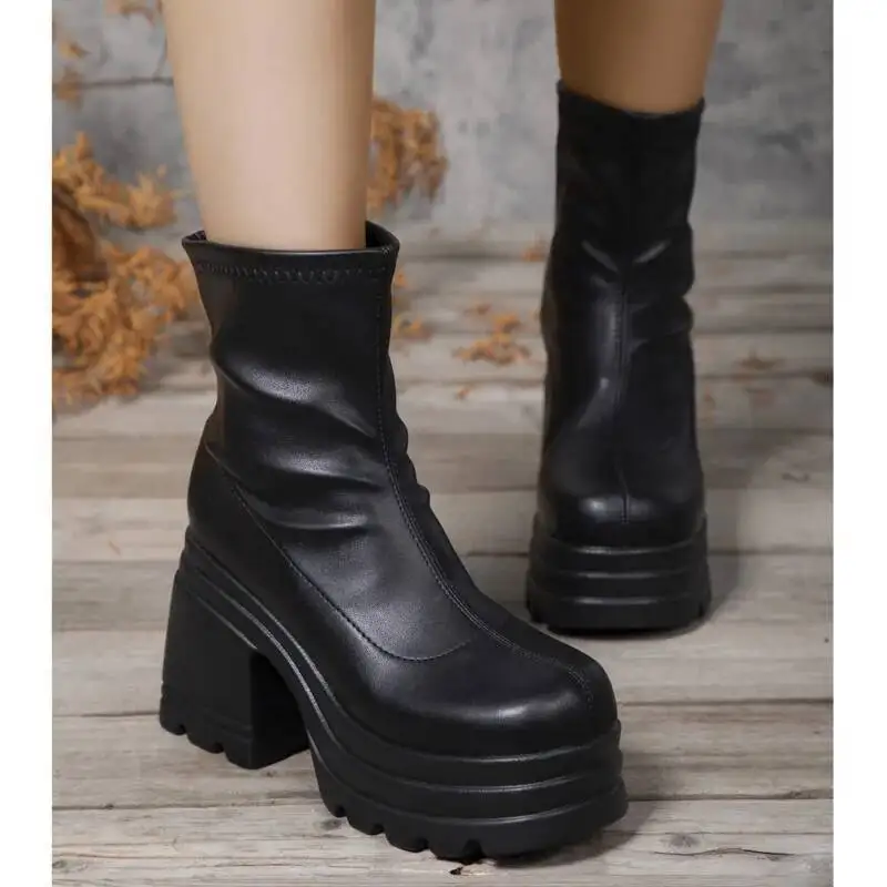 Ladies Fashion Short Boots 2025 Women Sexy Leather Boot Square Toe Thick Soled Women Ankle Boots Zipper High Heels Shoes