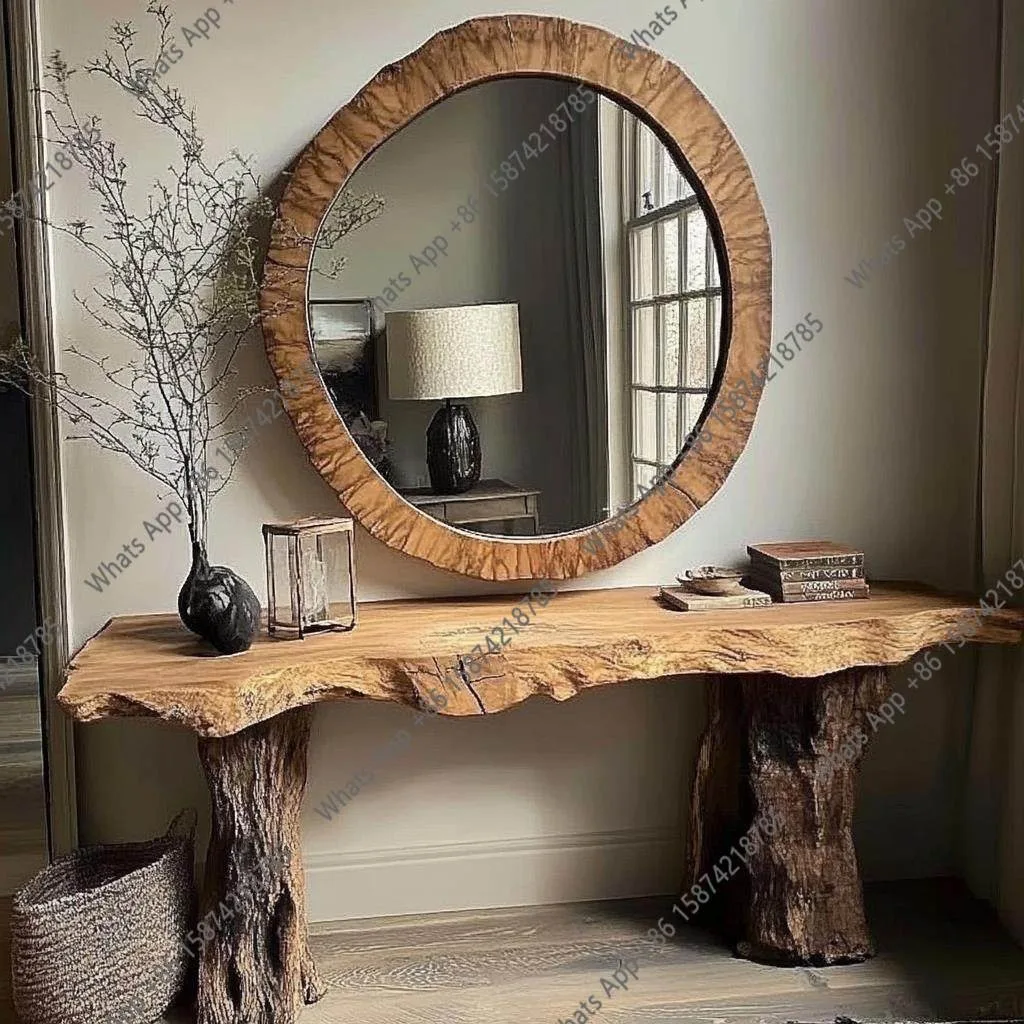 solid wood frame retro special-shaped bathroom mirror irregular round bathroom mirror wall-mounted makeup mirror