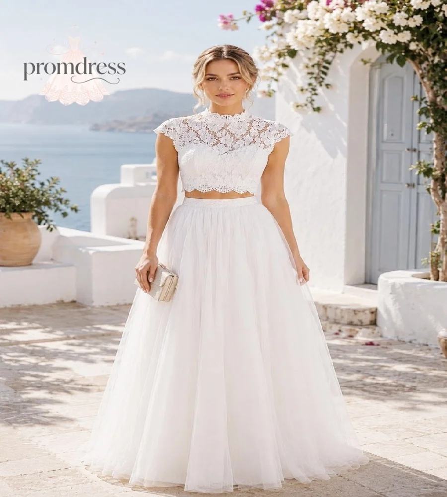 2 Piece Boho Wedding Dress 2027 O Neck Top Lace Crop Top A Line Tulle Bride Dresses Floor Length Bohemian Maxi Engagement Custom