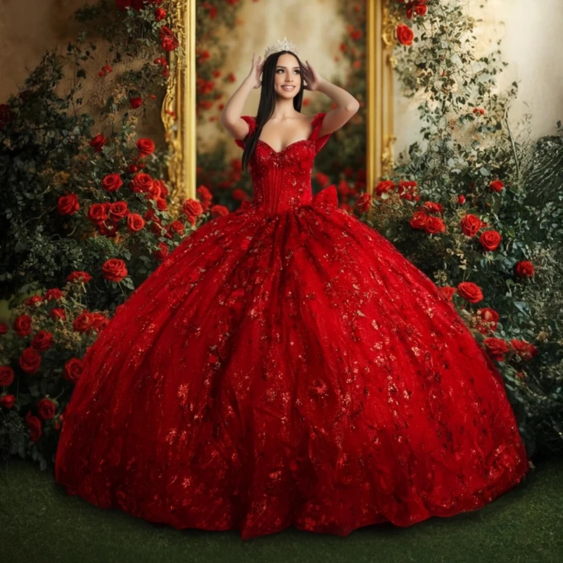 

Red Shiny Quinceanera Dresses Ball Gown Off Shoulder Sequin Lace Beading Crystal Tull Birthday Payty Sweet 16 Dress Vestidos 15