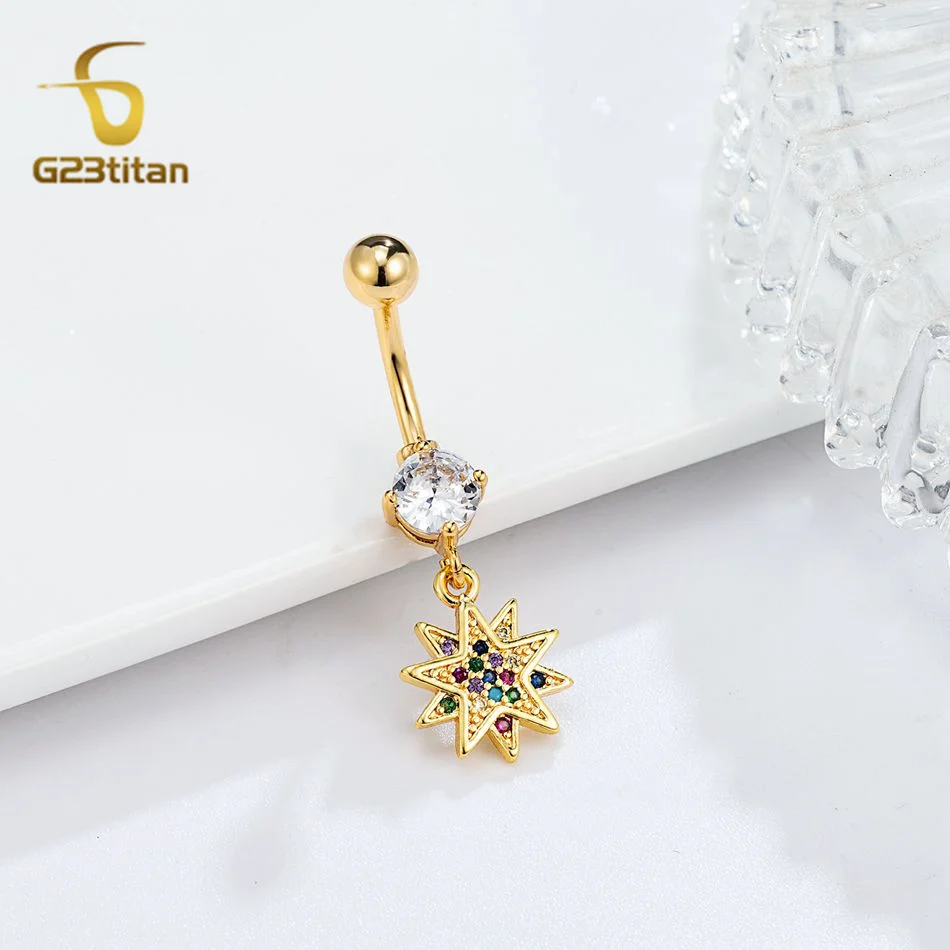 14G المضادة للحساسية التيتانيوم الفني ثمانية عون ستار البطن خاتم على شكل زر ملون الزركون السرة ثقب الحدائد الذهبي العربية مجوهرات