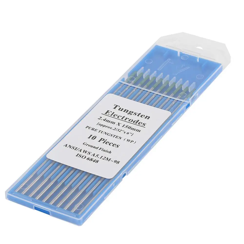 10Pcs Pure Tungsten Electrodes WP Green Tip 1.0/1.6/2.0/2.4mm Low Burn-Off Rate for ac Tig Welding 250-400A