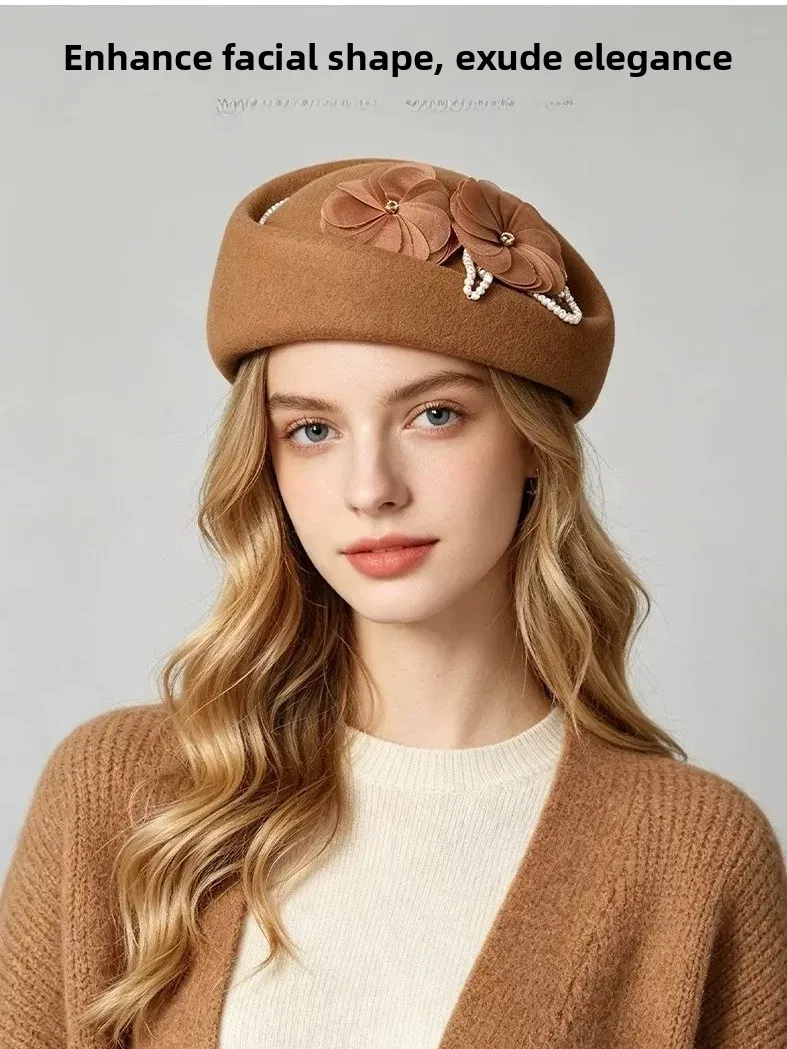 fashionable-winter-wool-beret-hat-women's-pearl-flower-elegant-lady-style-cap-adjustable-round-top-no-brim-foldable-hat