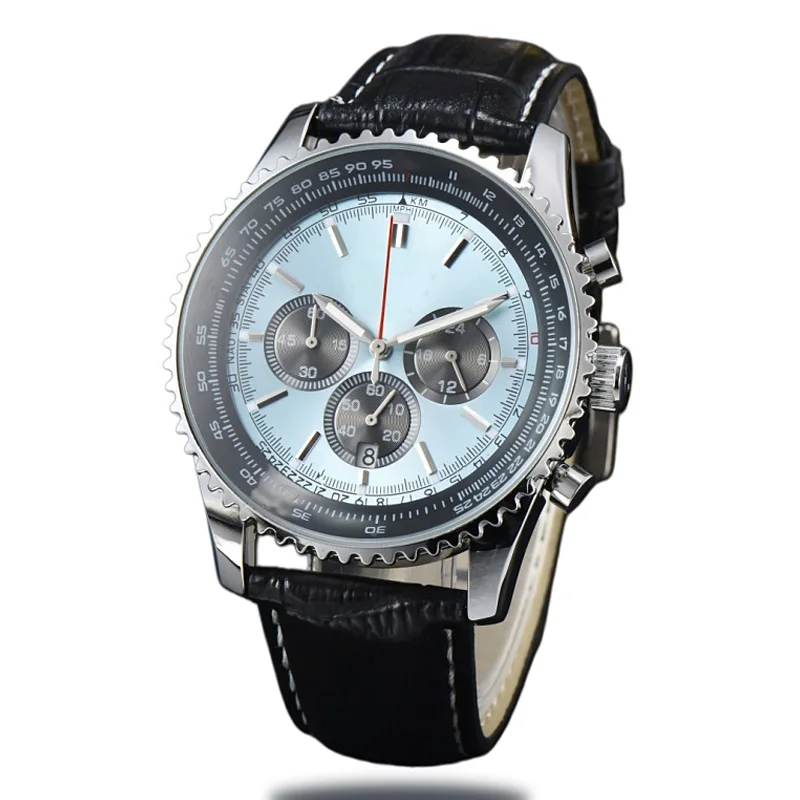 Montre chronographe à quartz pour homme, boîtier en alliage d'argent poli, lunette avec échelle tachymètre, affichage de la date, bracelet en acier inoxydable ou bracelet en cuir grain croco en option, montre-bracelet de sport pour homme