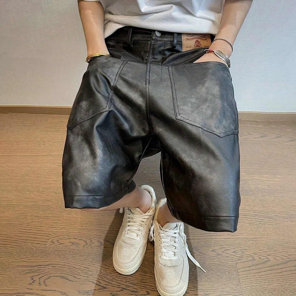 Mens Clothing Y2k Hip-Hop Shorts Summer Fashion Retro Versatile Faded Old Solid Color Pu Leather Reverse Wear Five-Point Shorts