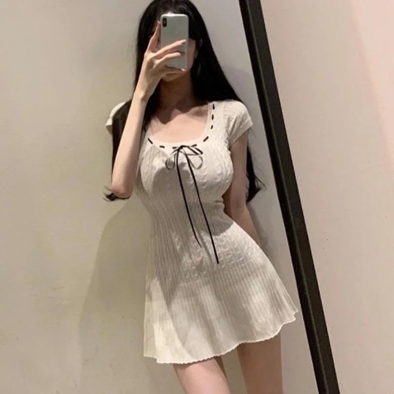 UK276 Damen-Strickkleid mit DString, U-Ne-Rock mit hoher Taille, A-Linie, süßer Sle-Sommer-Faion-Knoten