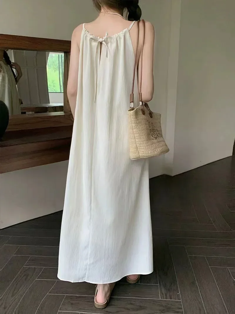 

Summer Sleeveless Maxi Women Chic Dresses Korean Fashion Simple Loose Robe Beach Vacation Casual Long Sundress French Lazy Style