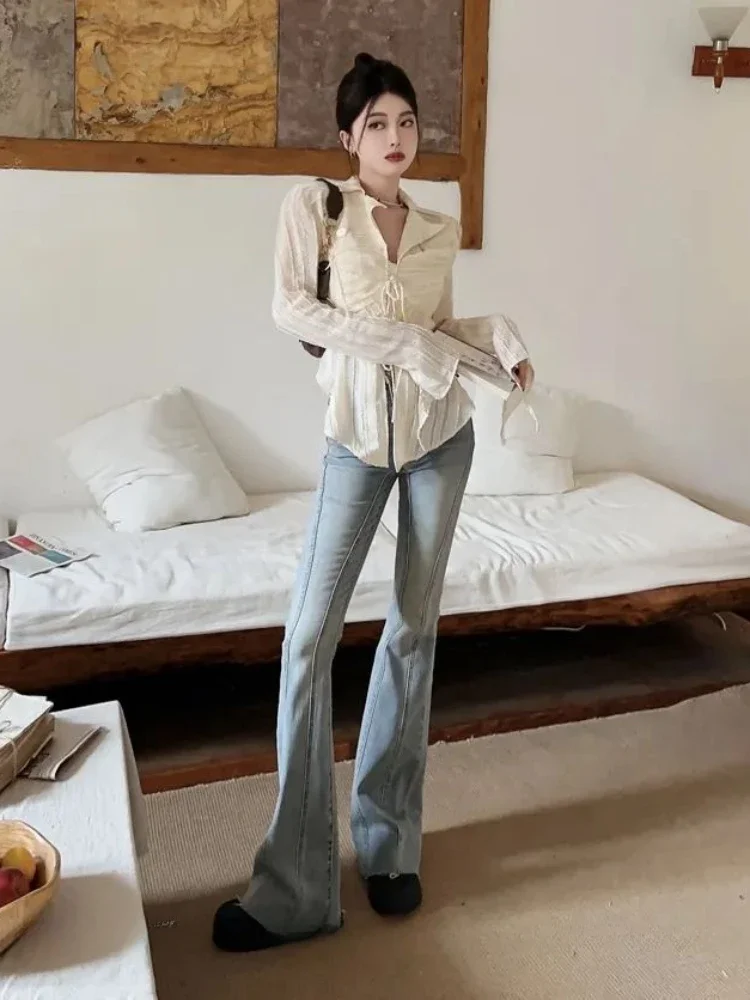 Koszule damskie koreańskie moda eleganckie lato słodki styl główna ulica szczupła wakacje Hotsweet sznurowane czysta nieregularna konstrukcja Blusas