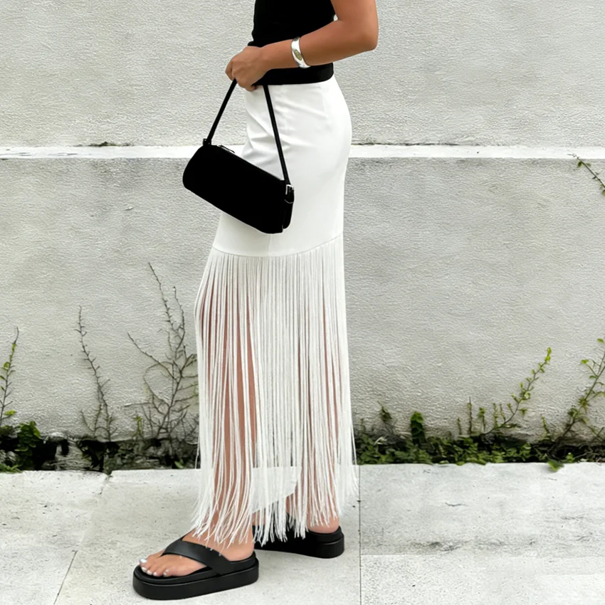 Linad Street Chic White Satin Tassels Long Skirts Woman 2026 Elegant High Waist Straight Skirts Casual Slim Ankle Length Skirt