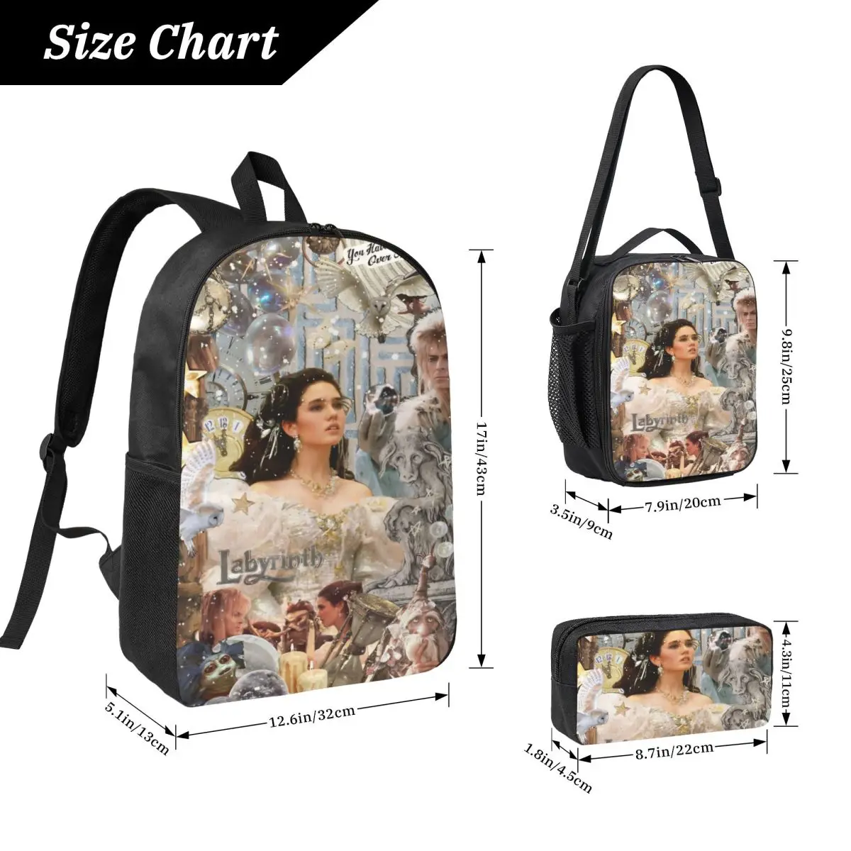 3Pcs Labyrinth Movie School bags Set for Boy Girl Pencil Boxes Backpack Sets with Lunch Box For School Students Daypack