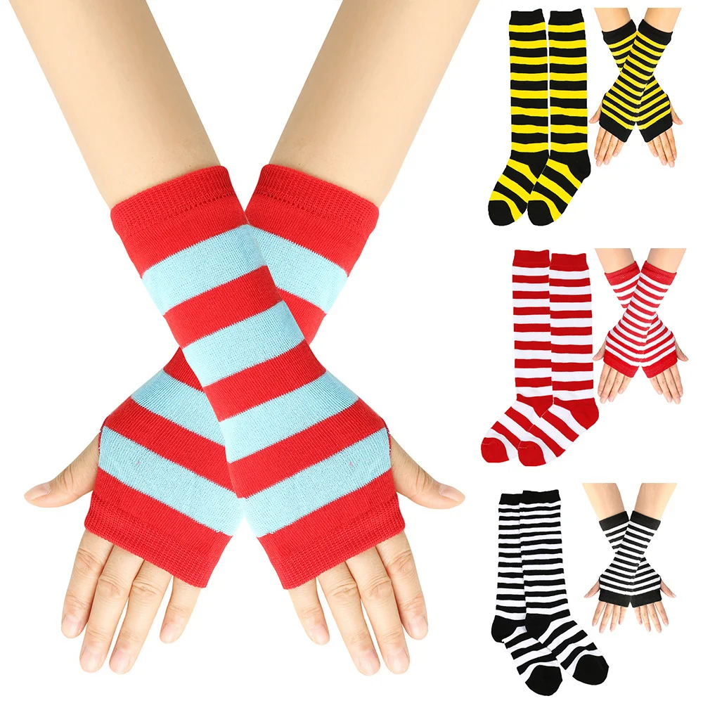 Children Stockings Gloves Set Knitted Stripes Long Dance Socks Xmas Keep Warm Arm Warmer Gloves for 6-12 Years Old Boy Girl