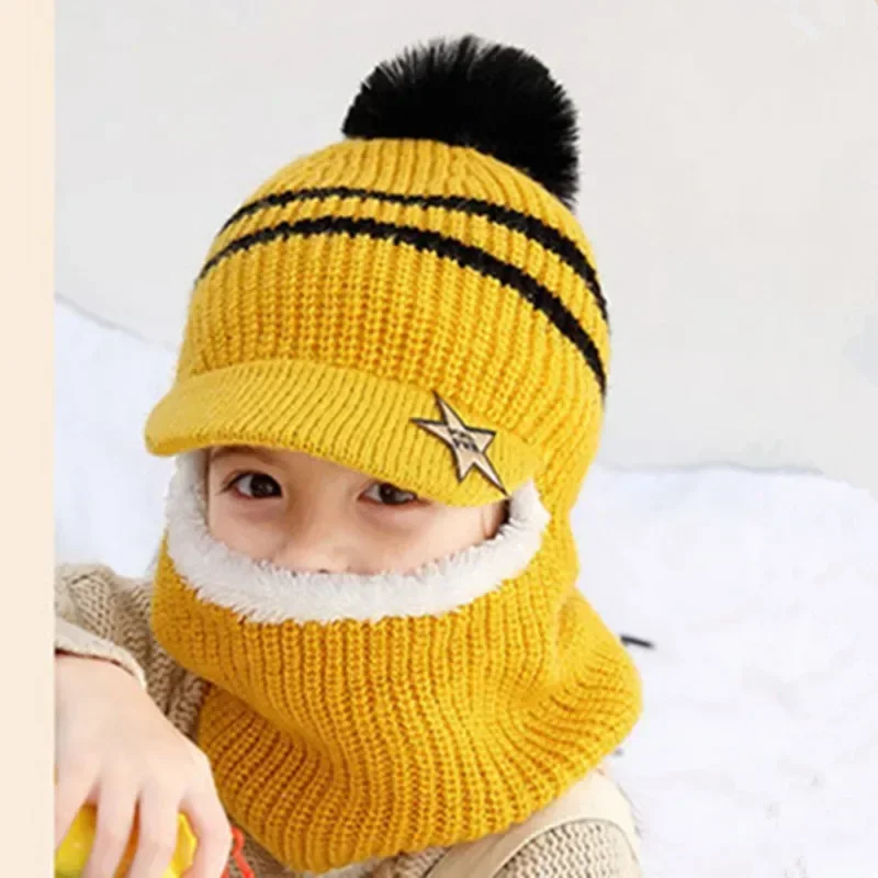 Winter Kids Plus Fleece Cap Hats Thick Warm Knitted Balaclava Cap for Child Outdoor Girls Boys Face Cover Hairball Bib Mask