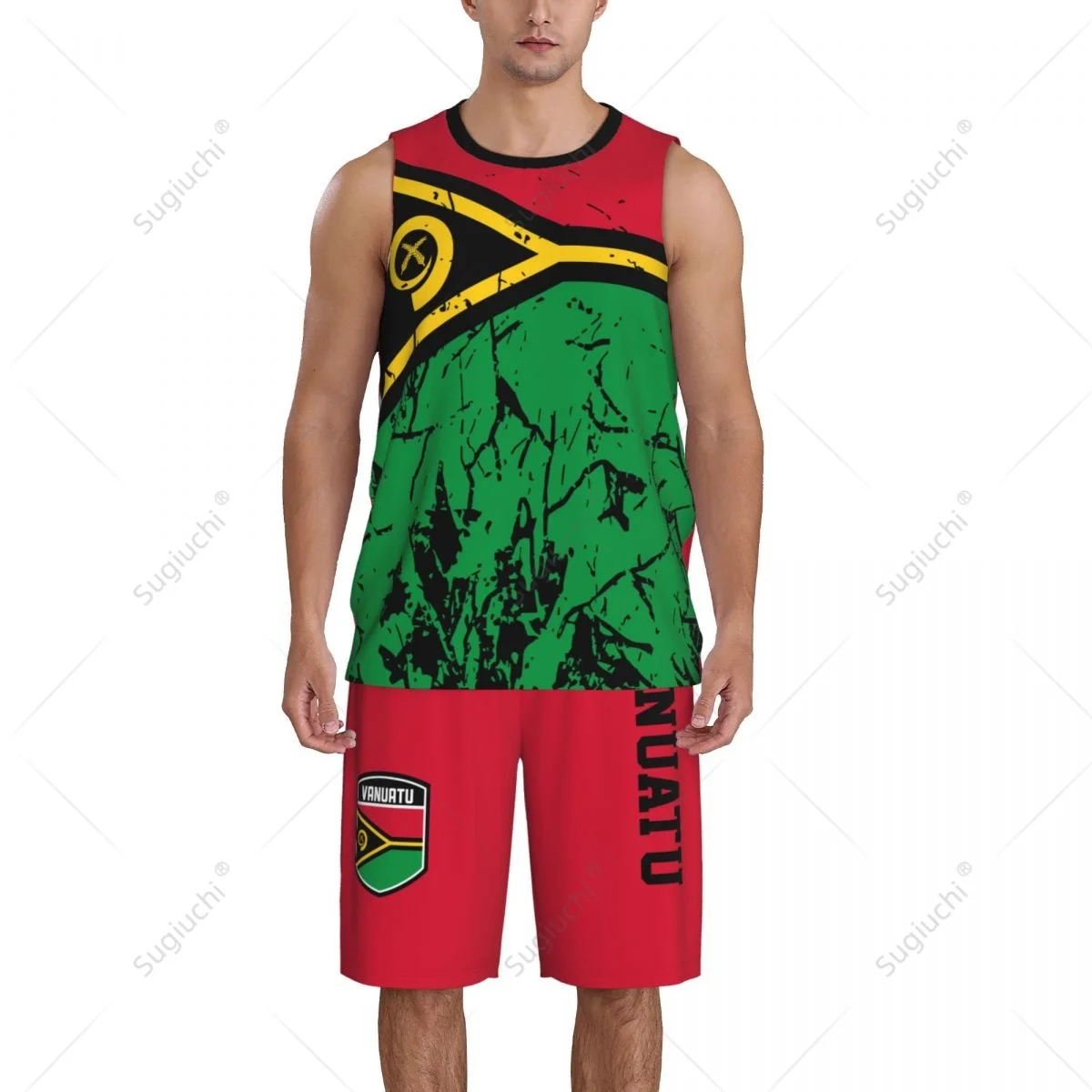 Team-up Vanuatu Flag Grain para hombre, Conjunto de camiseta y pantalones de baloncesto, sin mangas, nombre personalizado, Nunber exclusivo