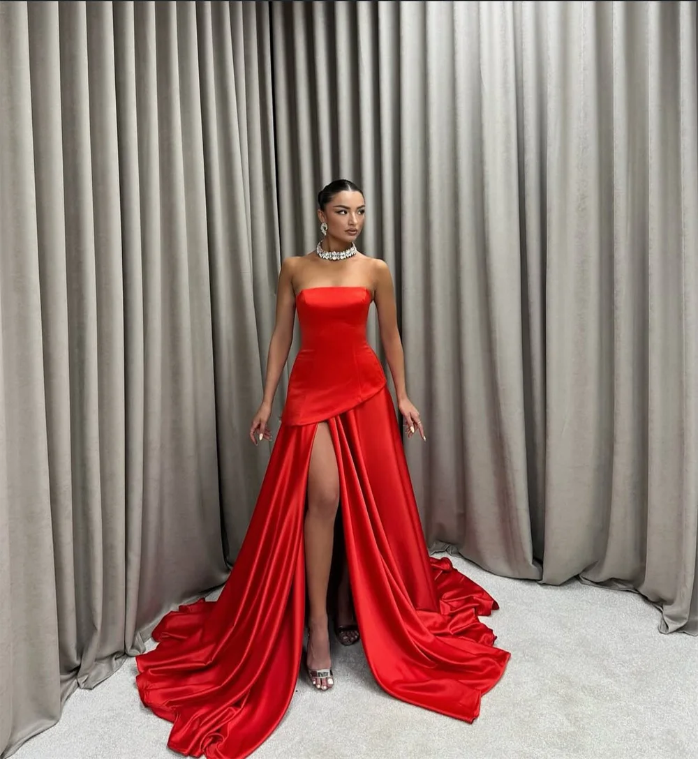 Mila Red Side High Split Prom Dresses Strapless Sleeveless Customized Evening Woman Dresses Court Train vestidos de fiesta 2025