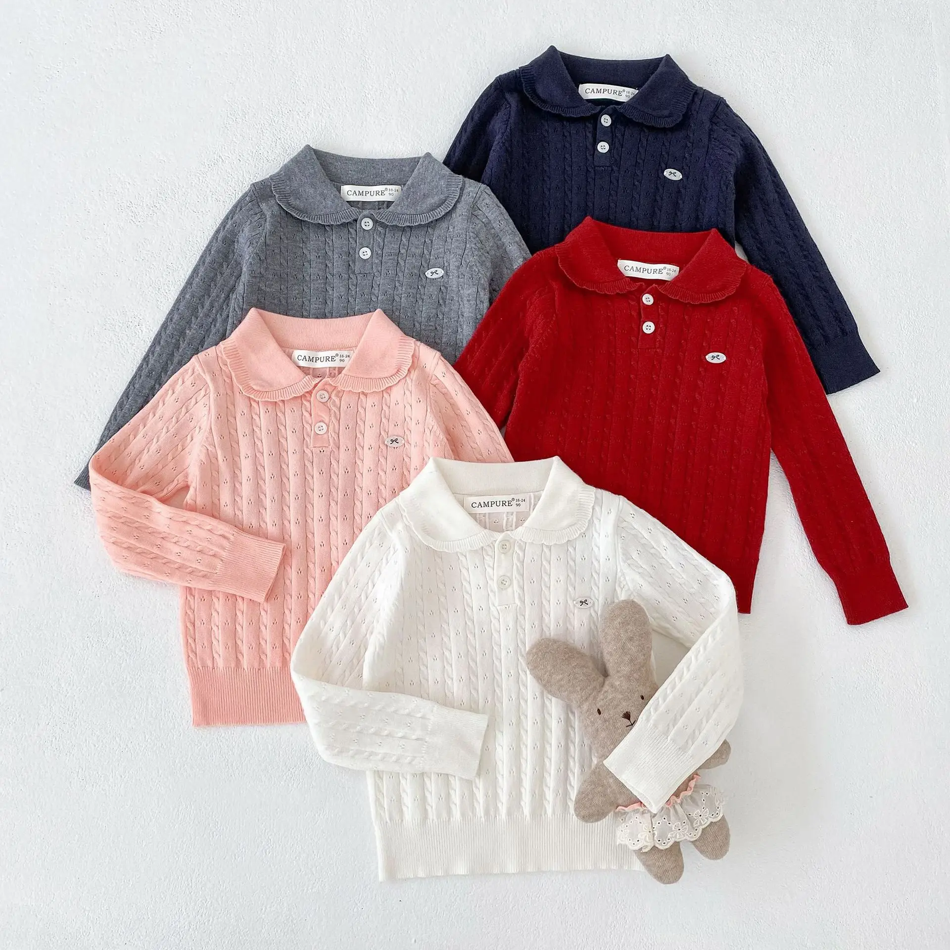 

2026 Summer New Children Long Sleeve Sweater Girls Solid Hollowed Out Knitted Tops Toddler Casual Lapel Sweater Kids Clothes