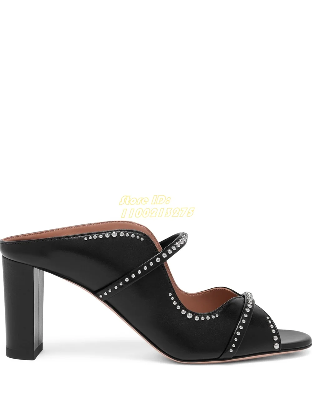 

Block Heel Rivet Open Toe Pumps Slip On Two Straps Runway 2025 Spring Autumn Women Dress Shoes Handmade Leather Crystal Shoes