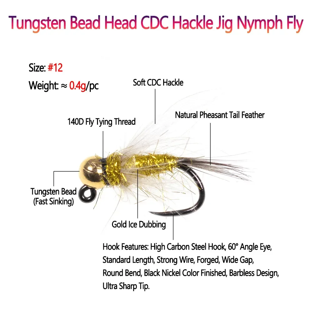 Bimoo 6pcs #12 Tungsten Bead Head CDC Hackle Jig Nymph Fly Pheasant Tail  Fast Sinking Wet Euro Nymph Fly Trout Fishing Lures