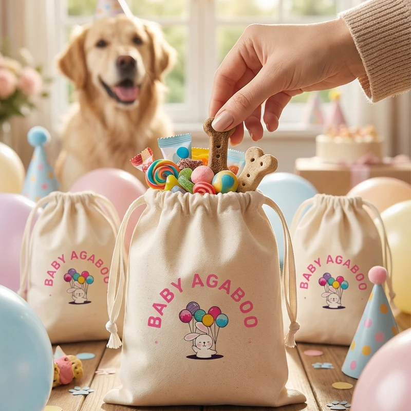 Natural Cotton gift bag for  Dog Cat Puppy Shower Party Favors Goodie Bags Custom Pet Birthday Gift Bags with Ribbon