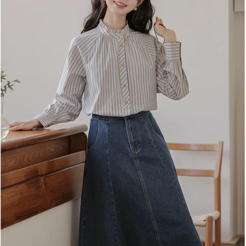 

Универсальная полосатая рубашка с длинными рукавами и воротником в стиле ретро, женский новый сладкий темпераментный топ