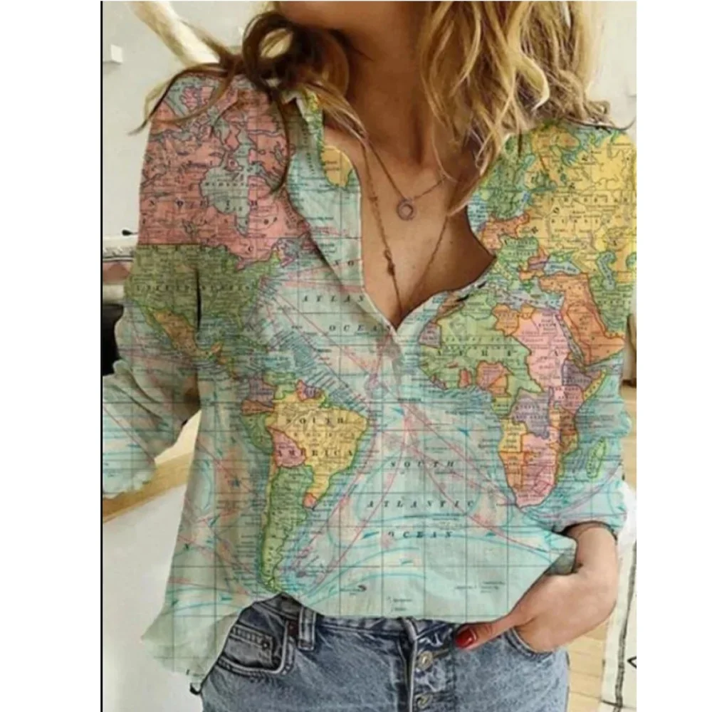 

Trendy Blouses Print Women's Loose Map Print Shirt Sleeve Long Casual Top World Lapel Button Women Womens V Neck Shirts Casual