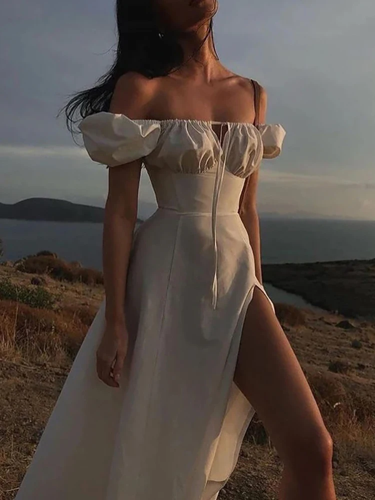 

Sexy Off Shoulder Dress Women Puff Short Sleeve White Dresses Female Cut out Tie up Side Split Ruched Elegant Long Dress