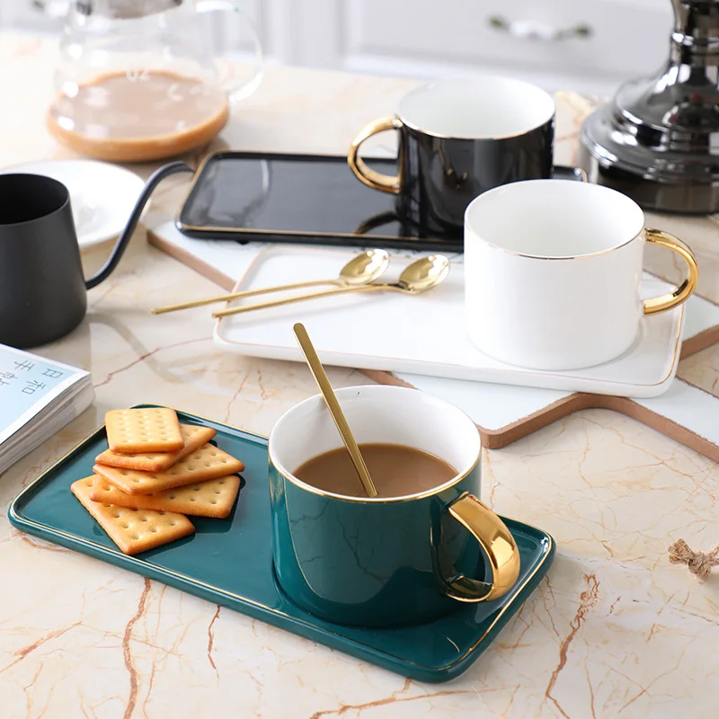 European Ceramic Coffee Cup Set Mark Snack Flat Plate Small Luxury Elegant Stroke Gold Milk Drink Water