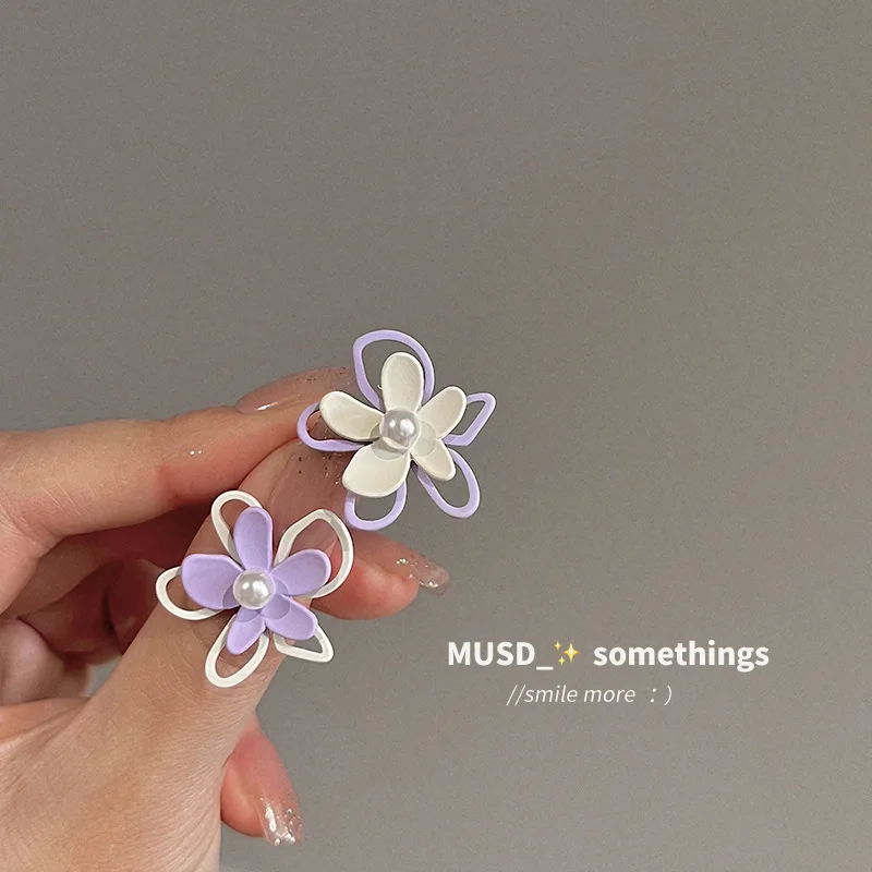 Earrings Clip On Asymmetrical Contrast Floral Silver 925 Post Sweet Fresh Unique Design   Daily Office Party Gift for Women