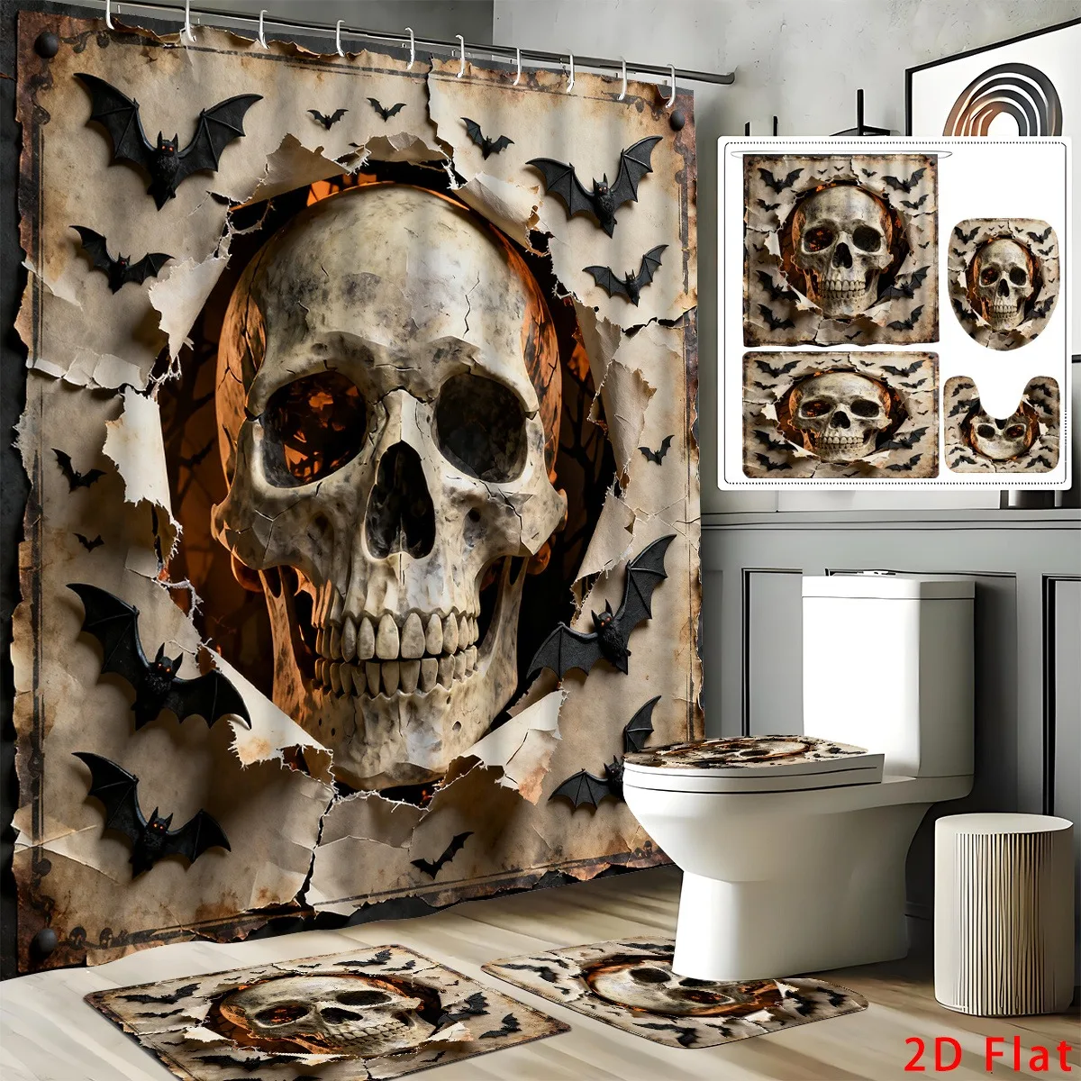 Polyester Shower Curtain,Skull Head Waterproof Quick Drying, Fade Mold Resistant, Washable Bathroom Decor Curtain with 12 Hooks