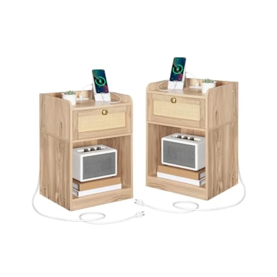 

Rattan Nightstands Set of 2 with Charging Station Boho Nightstand Natural Storage Side Table with Drawer and 2 USB Ports for Be