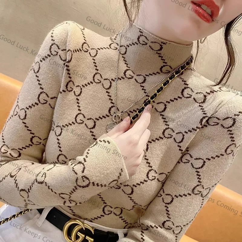 Vêtements pour femmes Vintage tout-match à manches longues tricot pulls automne hiver nouvelle mode mince col montant chandails bureau montre de sport