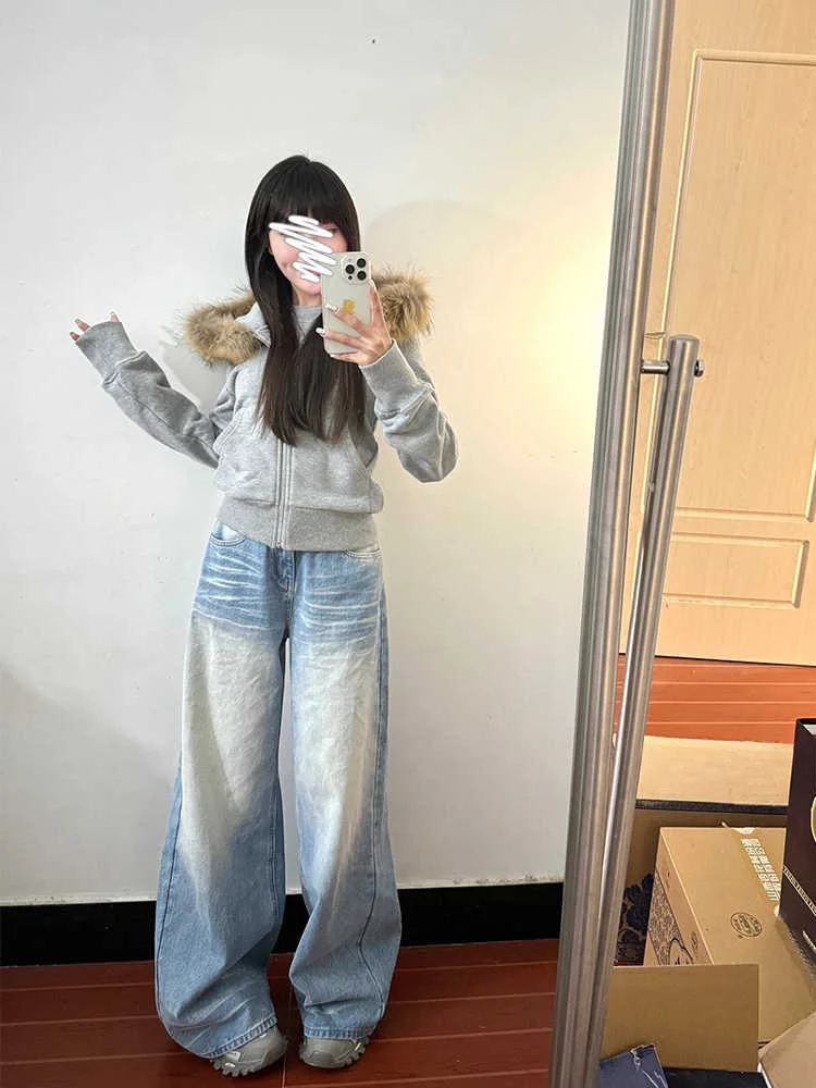 Spring/Autumn Retro Style Unique Buttoned Denim Pants For Women Loose High-Waisted Denim Pants Style Straight Wide Leg Clothing
