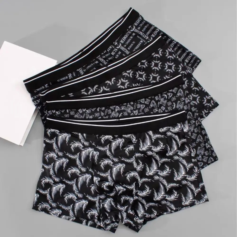 

4PCS Simple Stripe Letter Men's Flat Panties Large Size Seamless Boxer Shorts Male Low Waist Underpants Mens Underwear Man