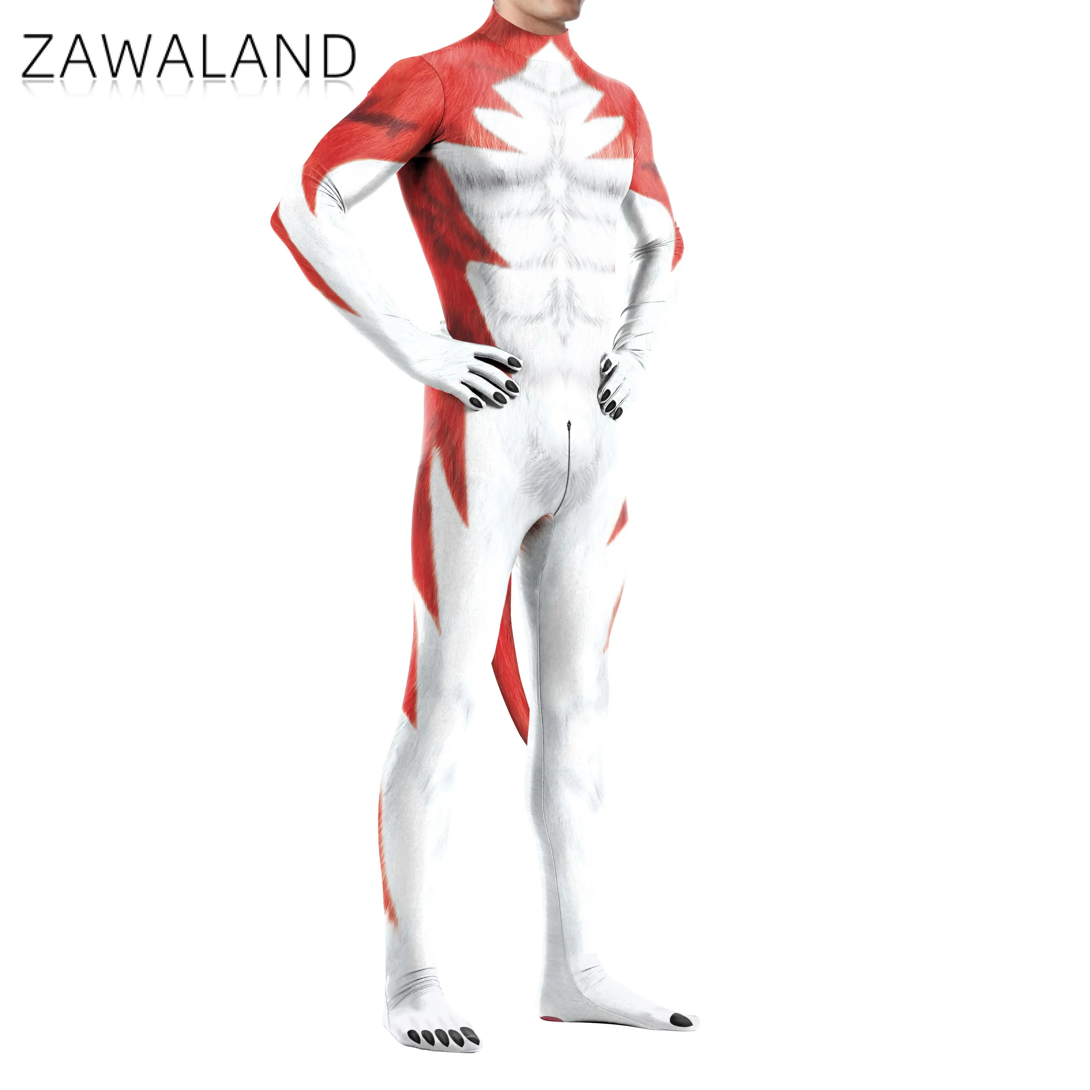 Zawaland Men Red Husky Petsuit Full Cover Animal Costume Adult Kids Carnival Purim Holiday Party Clothes with Tail Zentai Suit