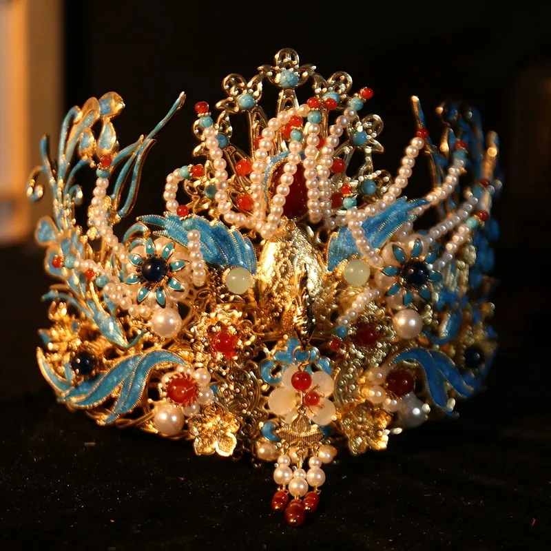 Ancient Tang Ming Dynasty Phoenix Hairpin Set Classical Hair Ornament Pearl Crown Hair Stick Chinese Hanfu Accessory Gift Women
