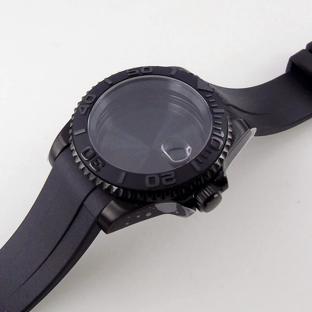 20ATM 40mm Black PVD Ceramic Bezel Sapphire Watch Case Fit NH34 NH35 NH36 2824 Rubber Strap 120 clicks bezel