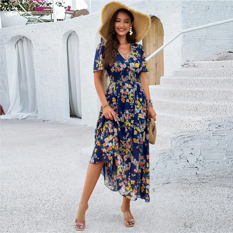 

European and American women's clothing 2025 spring and summer new temperament printed waist-cinching short-sleeved dress