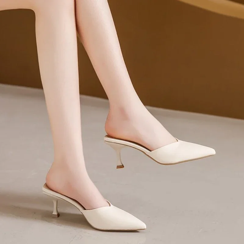 Baotou Half Slippers Women Outdoor Summer Pointed Toe Shallow Mouth Stiletto High Heels Slides Casual Mules Shoes Elegant Beige