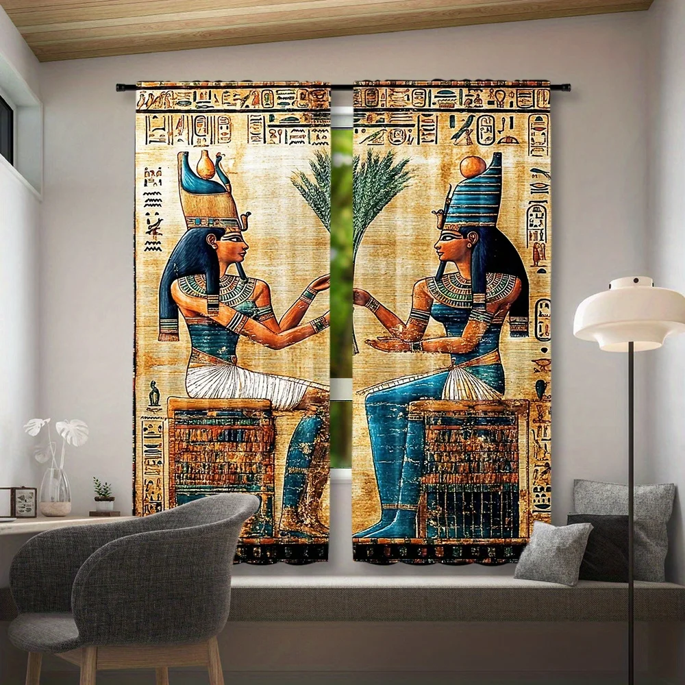 2pcs Egyptian Goddess Isis Nephthys Curtains Hieroglyphs Ancient Egypt Living Room Bedroom Home Decor Window Drapes