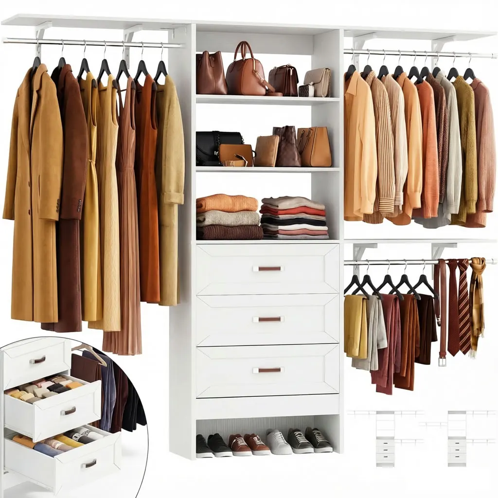 8FT Closet System with 3 Curved Drawers, 96