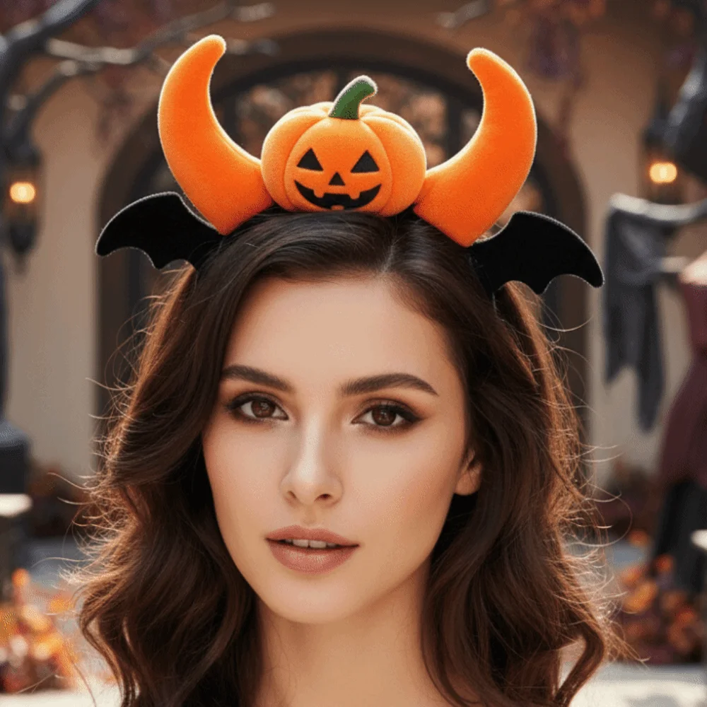 Devil Horn Hairband Plush Pumpkin Headband Lightweight Handmade Bat Hairband Orange Black Elastic Halloween Head Hoop Club Night