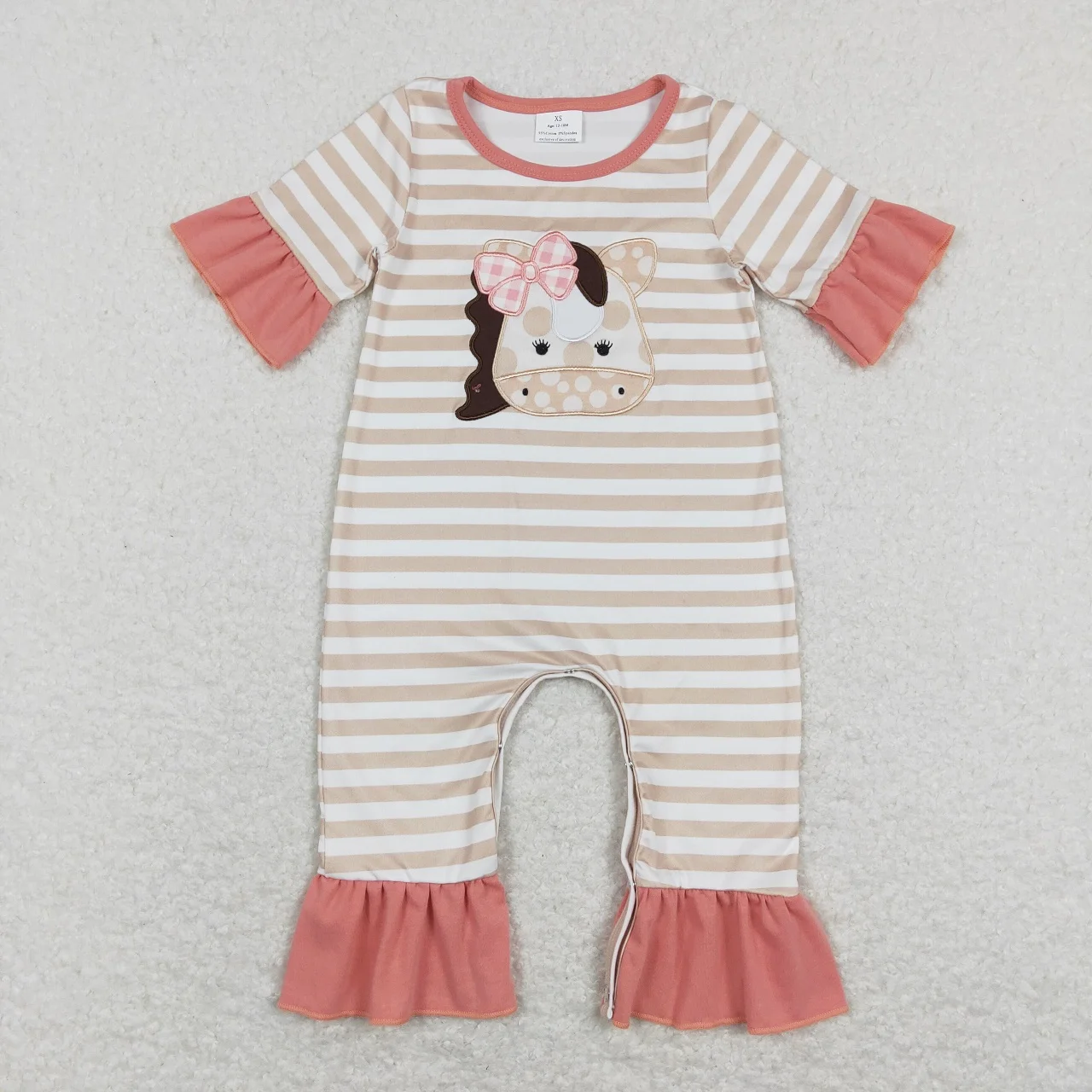 Großhandel Kinder stickerei einteilige Neugeborenen Streifen Rüschen Bodysuit Baby Mädchen Kleinkind Western Pferd Stram pler Kurzarm Overall